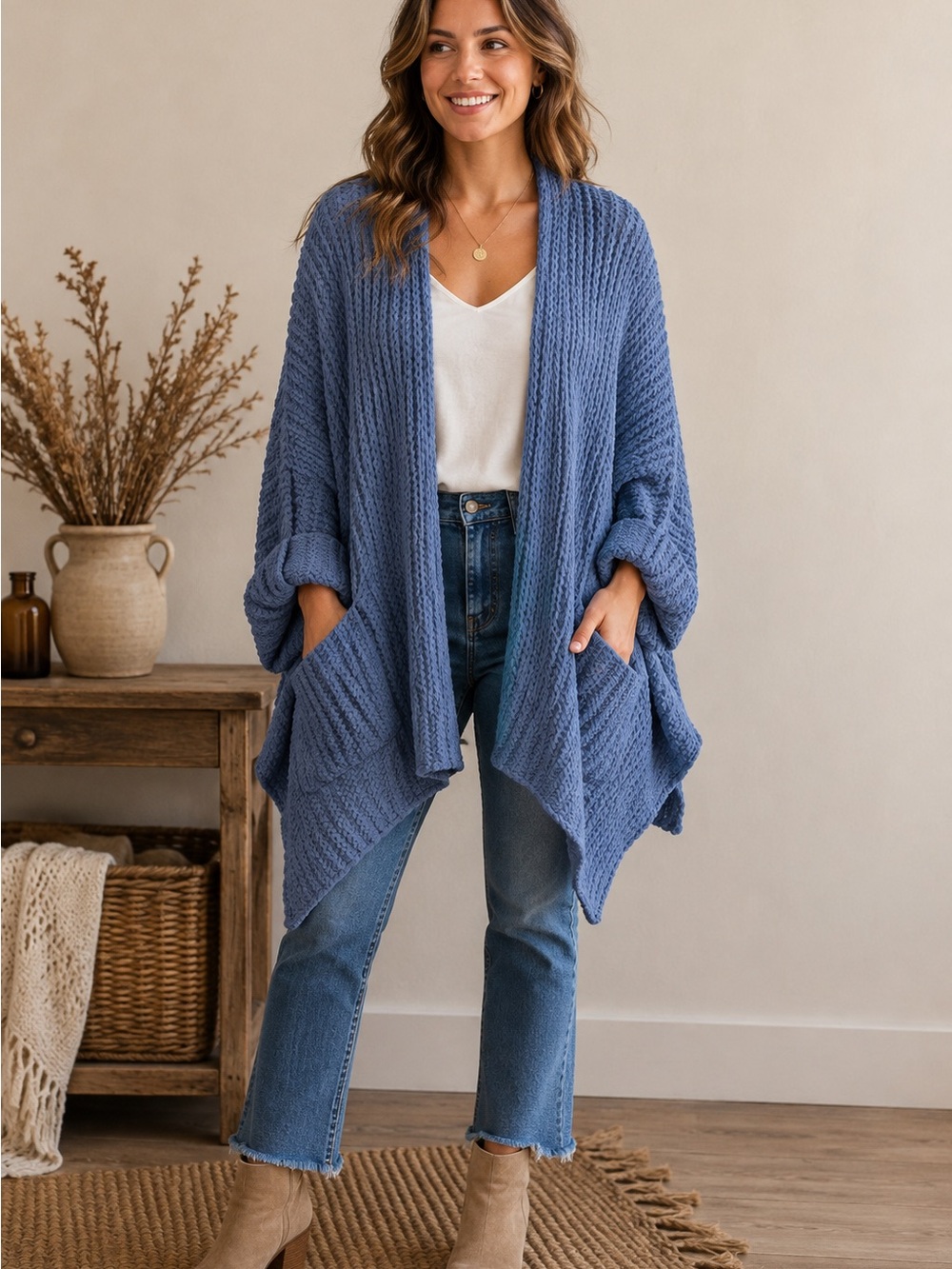 POL Chenille Cardigan L Blue Oversized Draped Boho Lagenlook Pockets